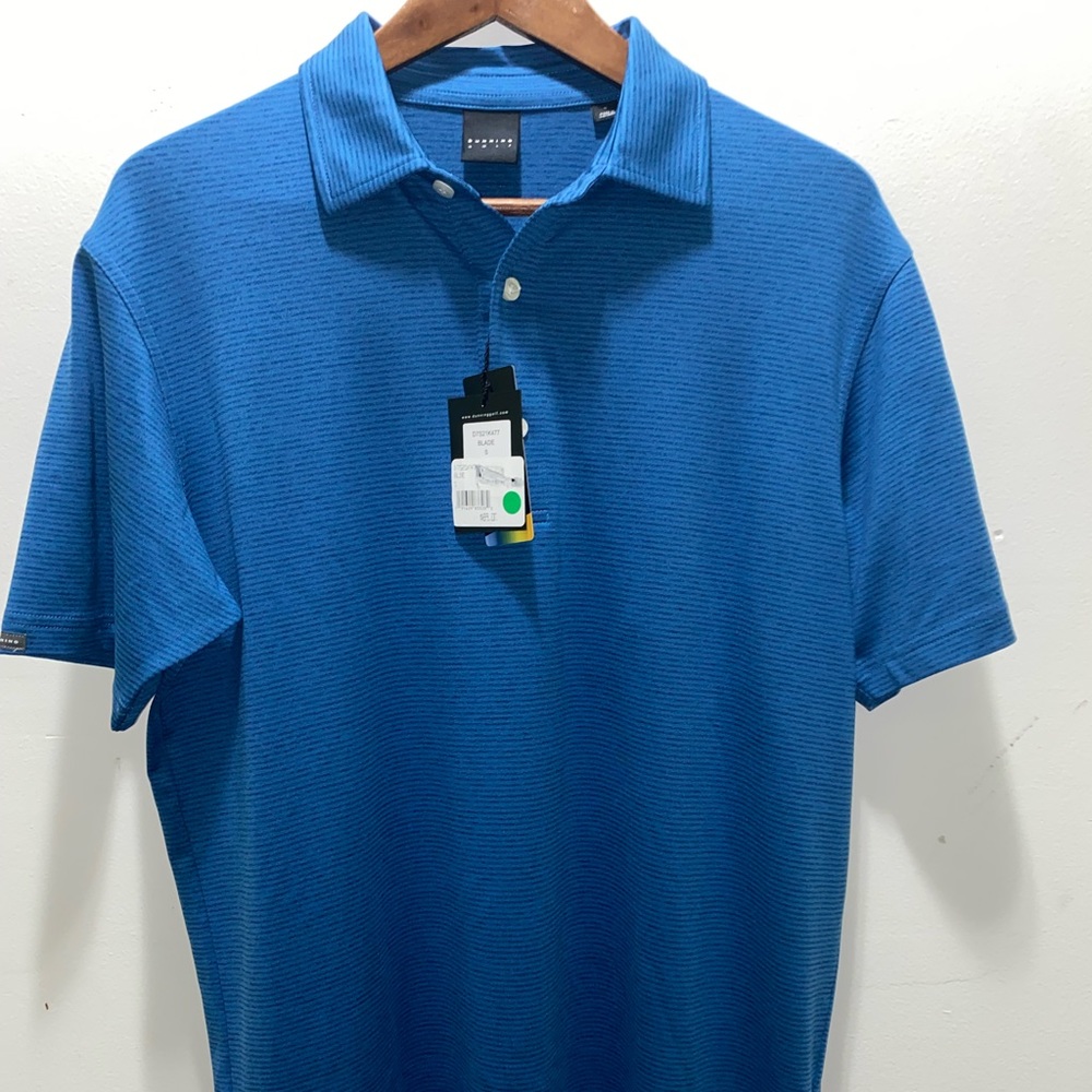 Dunning Golf Men’s SMALL Blue Striped Short Sleeve Coolmax Technology Golf Polo